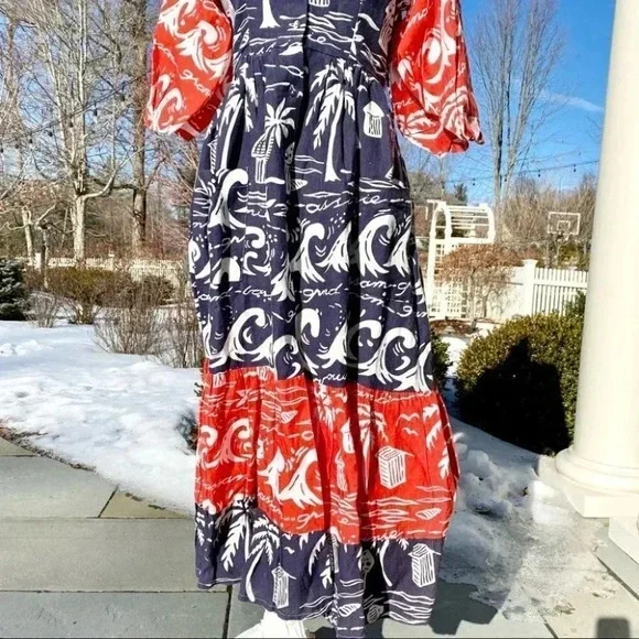 Anthropologie Place Nationale Linen Puff Sleeve Printed Midi Dress Red Small